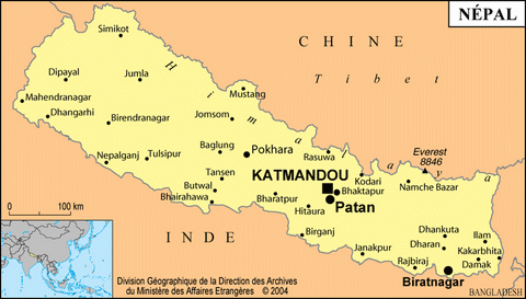Carte du Népal avec Ilam et ses jardins de thé à l'Est, sur les flans de l'Himalaya et le massif du Kanchenjunga  